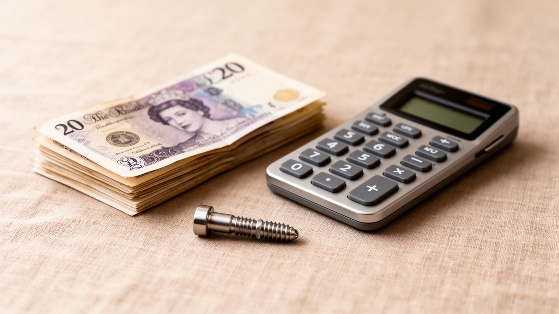 Calculator, British £20 notes and a titanium dental implant — illustrating the cost of dental implants in London
